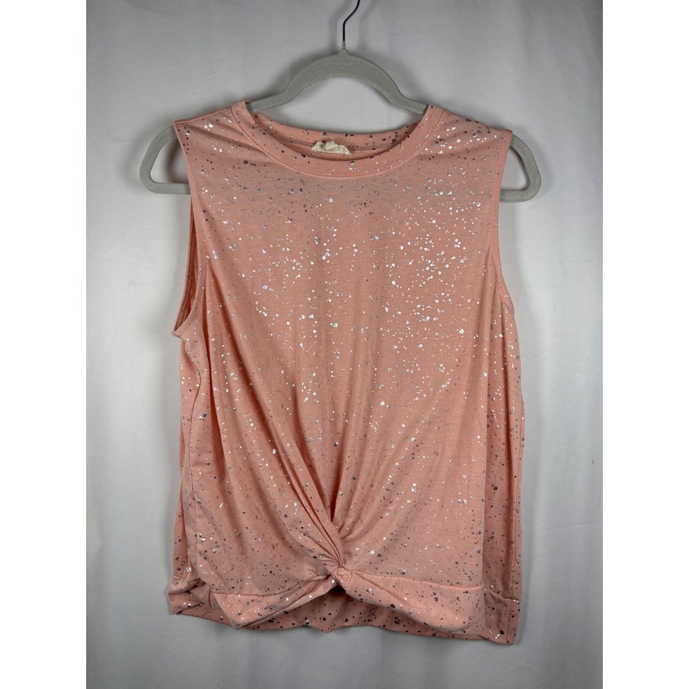 Como Blu Womens Peach Pink Silver Foil Splatter Twist Front Tank‎ Top Large